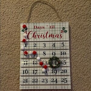 NWT Days Til‎ Christmas Countdown Wall Hanger Holly Wreath Red White Plaid